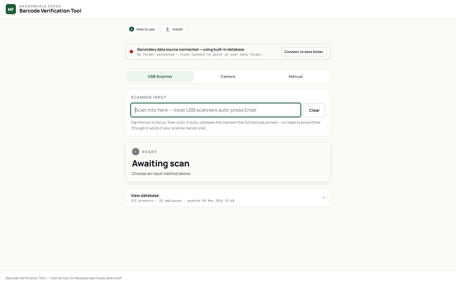 The barcode verification tool waiting for a scan