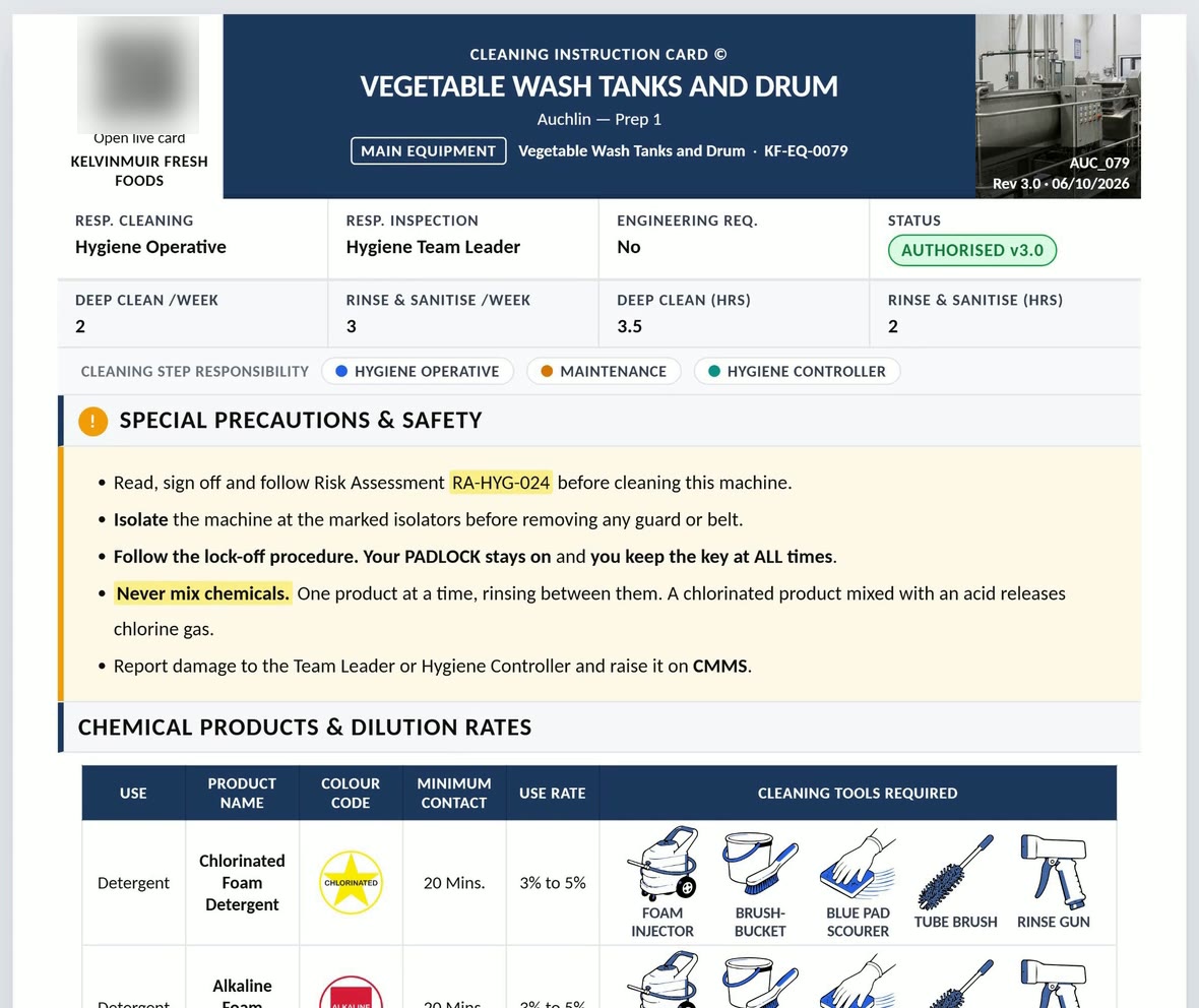 A CIC Maker version 2 cleaning instruction card for a vegetable wash tank, showing its status, safety precautions and chemical table