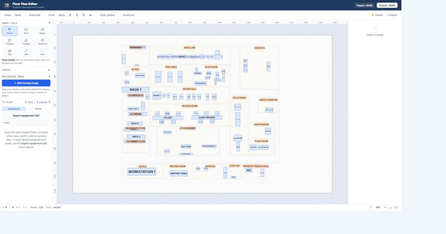 The Floor Plan Maker editor &ndash; rooms, walls and equipment being drawn and named on a blank canvas