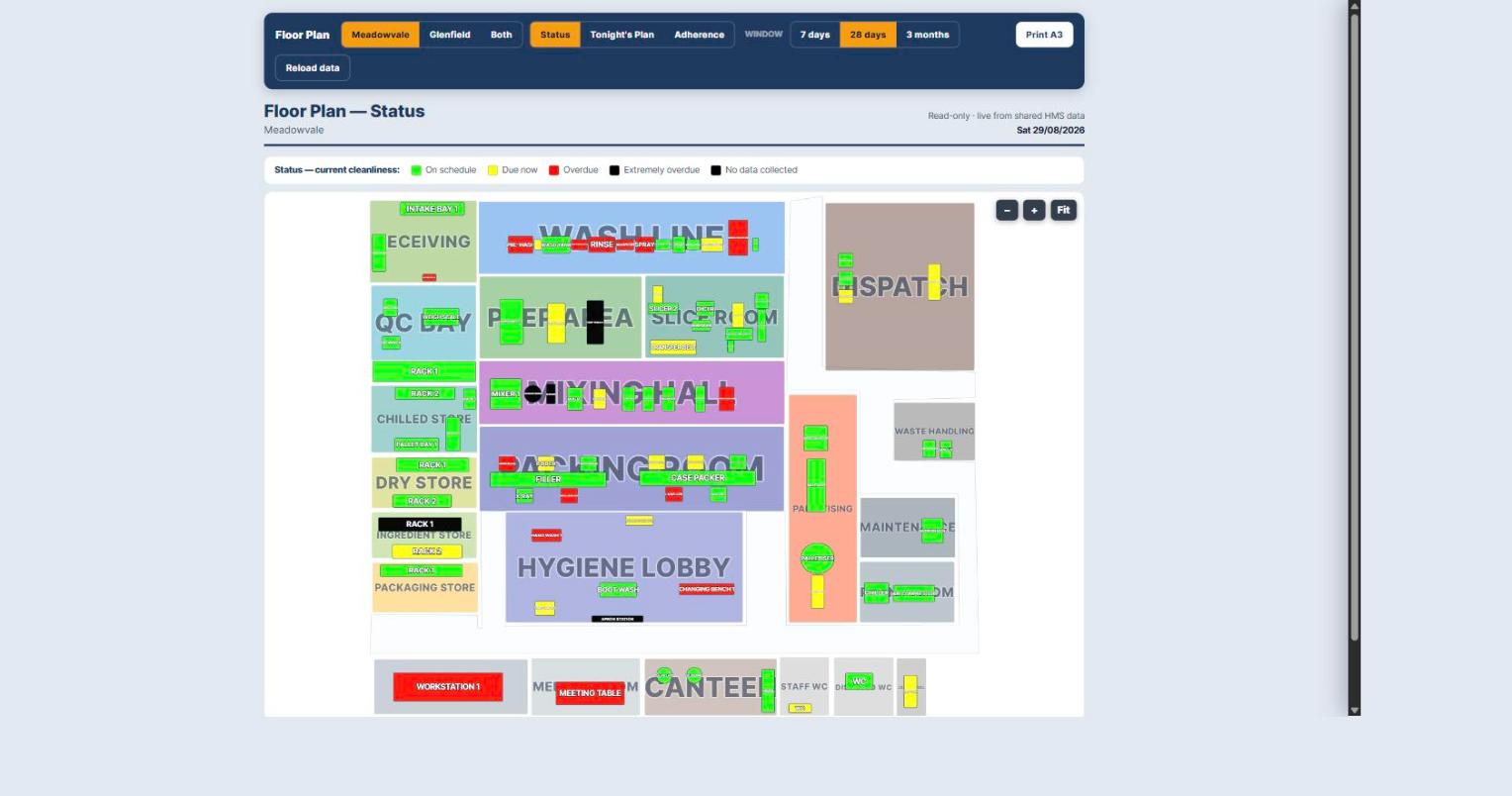 The Floor Plan Maker live view &ndash; every zone and machine colour-coded green, yellow or red by cleaning status