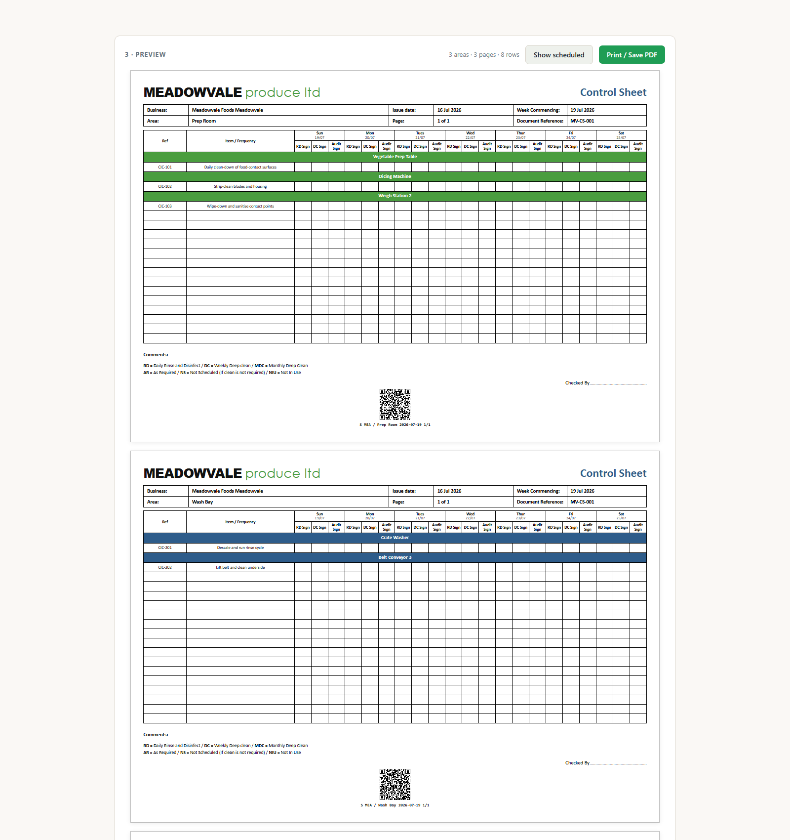 Sign-off Sheet + QR sorter in use